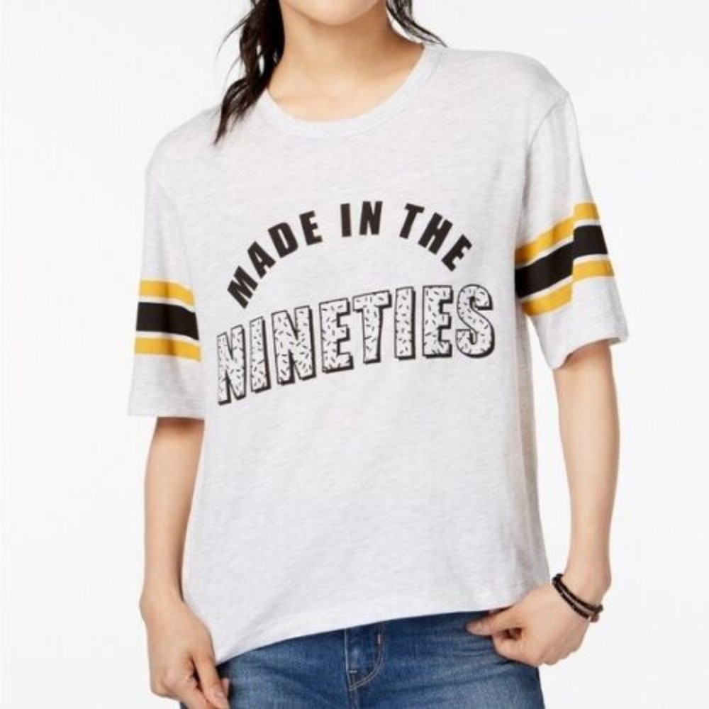 Mighty Fine Top Tee Juniors Made in the Nineties Graphic Varsity Womens Gray S